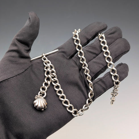 Circa 1897 British Antique Sterling Silver Albert Chain, 46g, Mother of Pearl Charm Fob