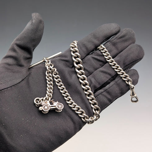 約1915年英國古董純銀阿爾伯特鏈,重51克,經典汽車吊墜