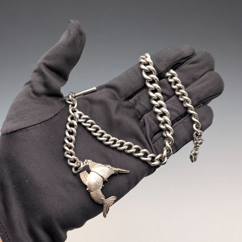 約1917年英國古董純銀阿爾伯特鏈,重64克,配魚形吊墜