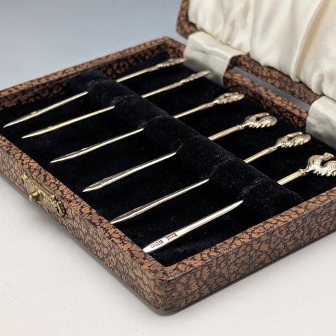 1958 British Vintage Sterling Silver Cocktail Sticks, Set of 6, 19g Total, Walker & Hall, Comes in a Case