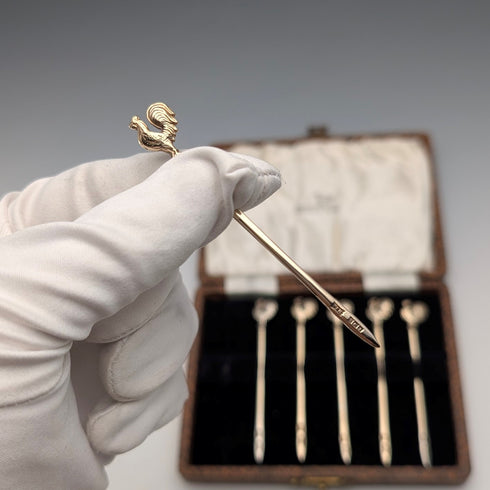 1958 British Vintage Sterling Silver Cocktail Sticks, Set of 6, 19g Total, Walker & Hall, Comes in a Case