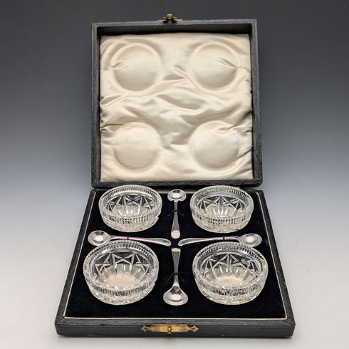 1929 British Antique Cut Glass Dish and Sterling Silver Spoon Set of 4, Joseph Rodgers & Sons, Case Included