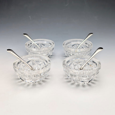 1929 British Antique Cut Glass Dish and Sterling Silver Spoon Set of 4, Joseph Rodgers & Sons, Case Included