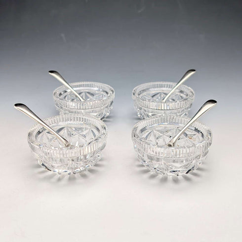 1929 British Antique Cut Glass Dish and Sterling Silver Spoon Set of 4, Joseph Rodgers & Sons, Case Included