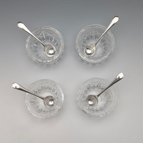 1929 British Antique Cut Glass Dish and Sterling Silver Spoon Set of 4, Joseph Rodgers & Sons, Case Included