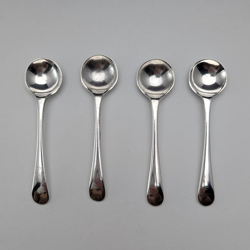 1929 British Antique Cut Glass Dish and Sterling Silver Spoon Set of 4, Joseph Rodgers & Sons, Case Included