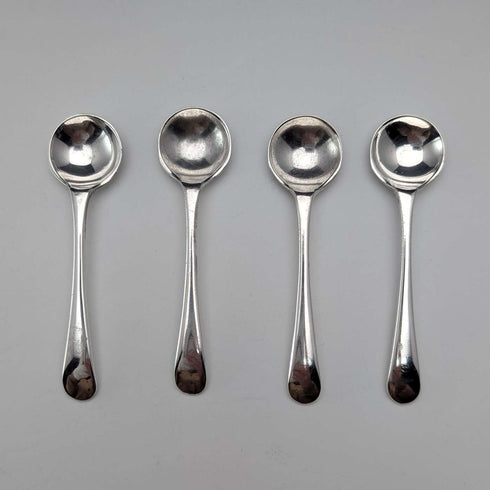 1929 British Antique Cut Glass Dish and Sterling Silver Spoon Set of 4, Joseph Rodgers & Sons, Case Included