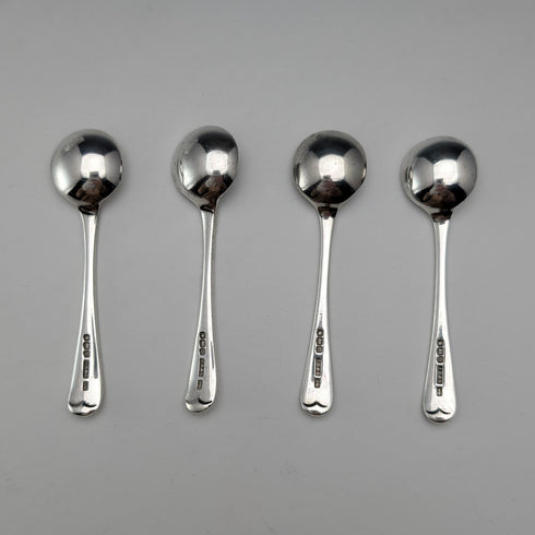 1929 British Antique Cut Glass Dish and Sterling Silver Spoon Set of 4, Joseph Rodgers & Sons, Case Included