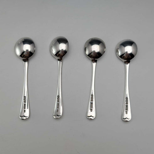 1929 British Antique Cut Glass Dish and Sterling Silver Spoon Set of 4, Joseph Rodgers & Sons, Case Included