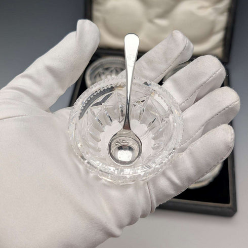 1929 British Antique Cut Glass Dish and Sterling Silver Spoon Set of 4, Joseph Rodgers & Sons, Case Included