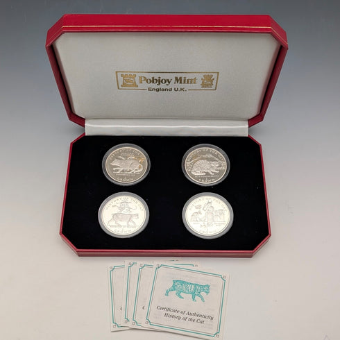 British Isle of Man Silver Crown Coins, Cat History Series: Set of 4, PobjoyMint, with Case and Instructions