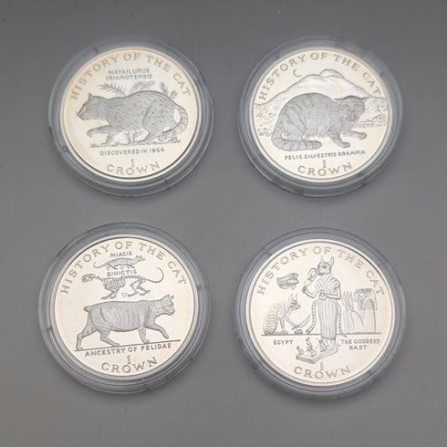 British Isle of Man Silver Crown Coins, Cat History Series: Set of 4, PobjoyMint, with Case and Instructions