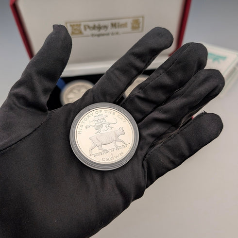 British Isle of Man Silver Crown Coins, Cat History Series: Set of 4, PobjoyMint, with Case and Instructions