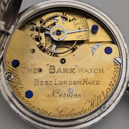 1898 British antique J.W. Benson BANK pocket watch, sterling silver open face, in good working order
