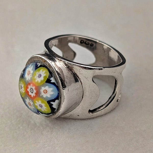 Vintage Scottish Sterling Silver Caithness Glass Millefiori Ring (Size 15)