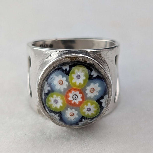 Vintage Scottish Sterling Silver Caithness Glass Millefiori Ring (Size 15)