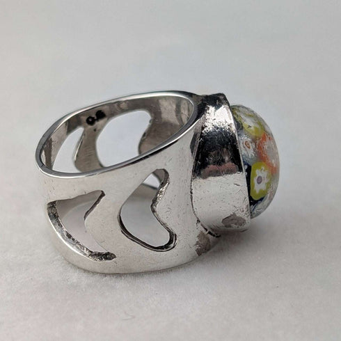 Vintage Scottish Sterling Silver Caithness Glass Millefiori Ring (Size 15)