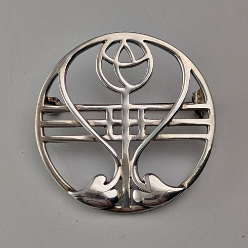 Vintage Sterling Silver Mackintosh Rose Art Nouveau Round Brooch