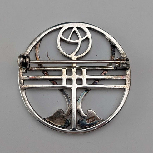 Vintage Sterling Silver Mackintosh Rose Art Nouveau Round Brooch