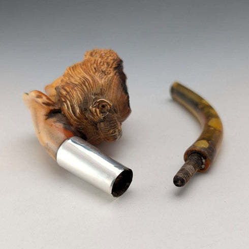 1915 British Antique Hand-Carved Female Smoking Pipe Figurine, Made in Meersham, with Pure Silver Decoration
