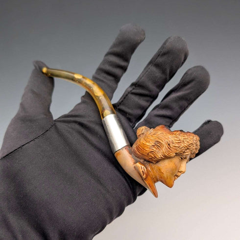 1915 British Antique Hand-Carved Female Smoking Pipe Figurine, Made in Meersham, with Pure Silver Decoration