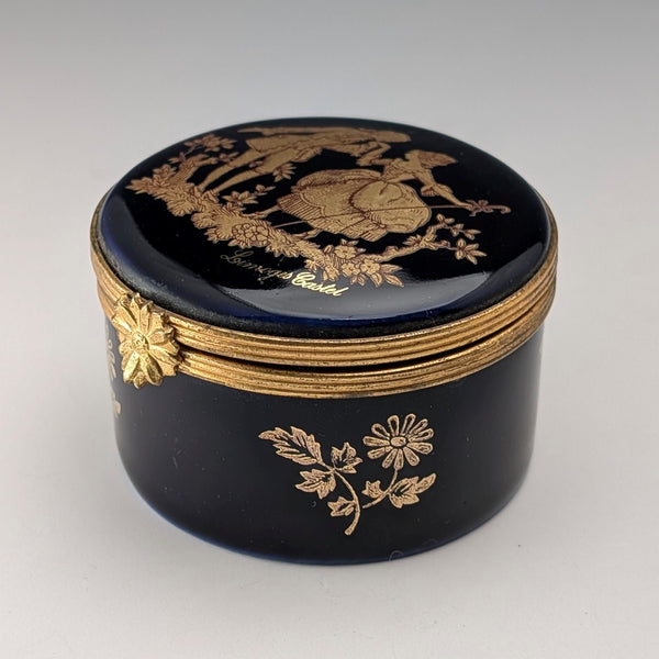 French Vintage Limoges-Castell Cobalt Blue Porcelain Pill Case with 22k Gold Accents, Love Story Design