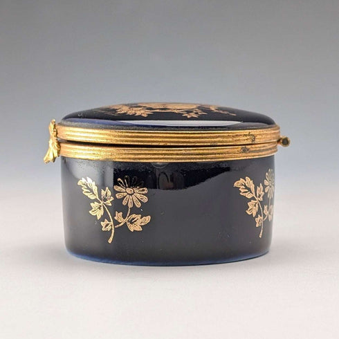 French Vintage Limoges-Castell Cobalt Blue Porcelain Pill Case with 22k Gold Accents, Love Story Design