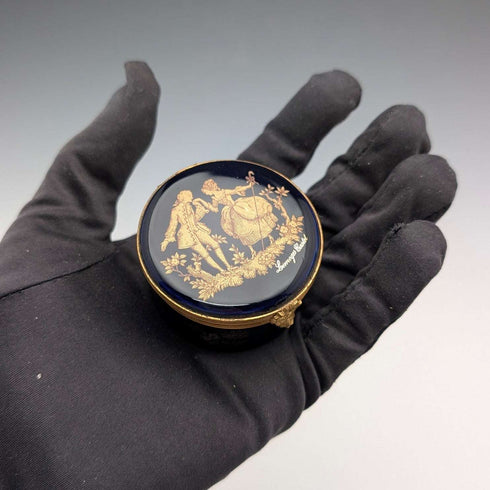 French Vintage Limoges-Castell Cobalt Blue Porcelain Pill Case with 22k Gold Accents, Love Story Design