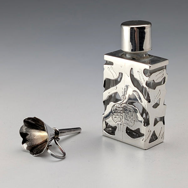 Vintage British Silver Overlay Small Perfume Bottle & Sterling Silver Funnel Set by Ari D Norman