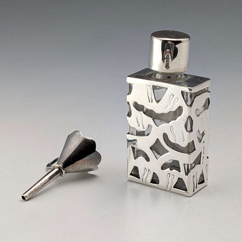 Vintage British Silver Overlay Small Perfume Bottle & Sterling Silver Funnel Set by Ari D Norman