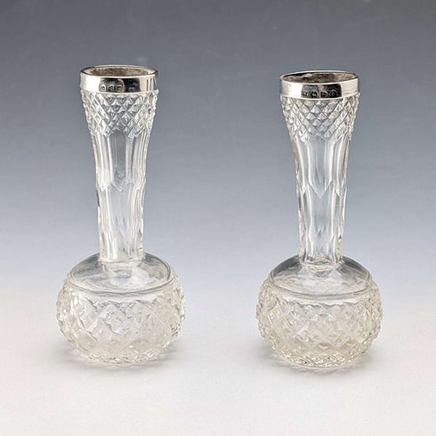 1897年 英国アンティーク カットガラス&純銀装飾 小型一輪挿し 花瓶ペア