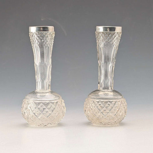 1897年 英国アンティーク カットガラス&純銀装飾 小型一輪挿し 花瓶ペア