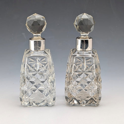 1922 British Antique Sterling Silver Cut Glass Perfume Bottles, Pair, Arthur Graf