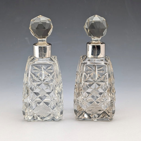 1922 British Antique Sterling Silver Cut Glass Perfume Bottles, Pair, Arthur Graf