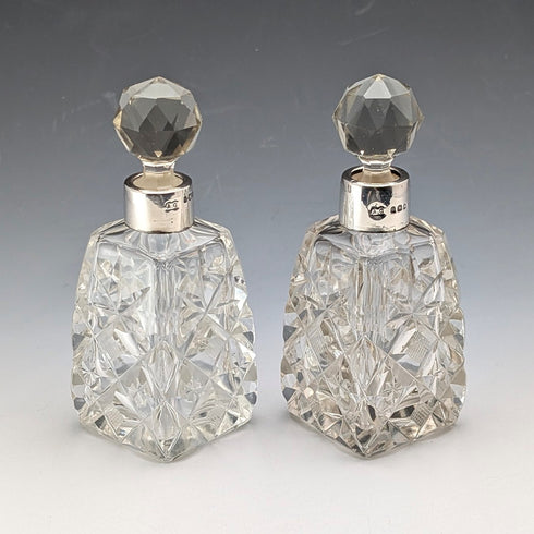 1922 British Antique Sterling Silver Cut Glass Perfume Bottles, Pair, Arthur Graf