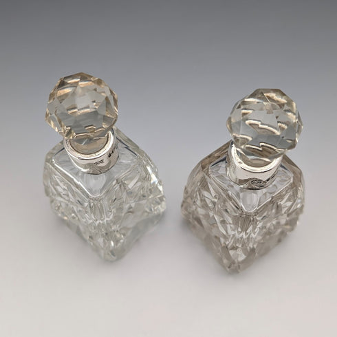 1922 British Antique Sterling Silver Cut Glass Perfume Bottles, Pair, Arthur Graf