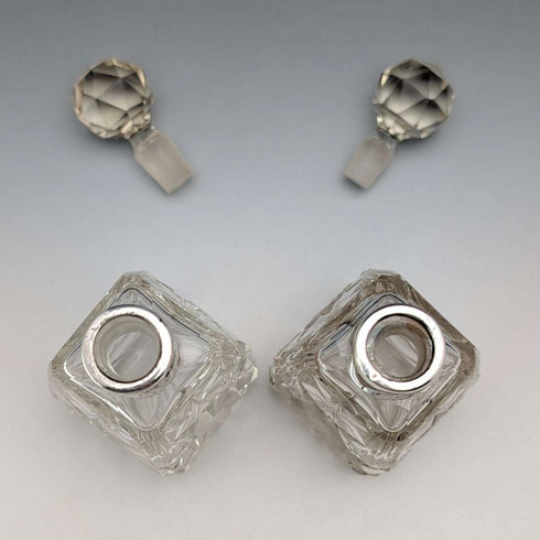 1922 British Antique Sterling Silver Cut Glass Perfume Bottles, Pair, Arthur Graf