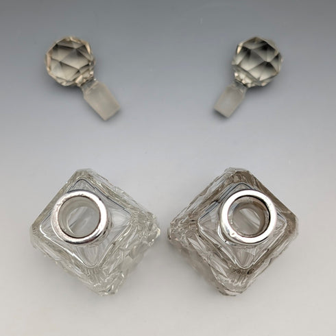 1922 British Antique Sterling Silver Cut Glass Perfume Bottles, Pair, Arthur Graf