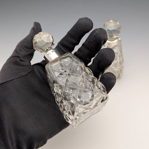 1922 British Antique Sterling Silver Cut Glass Perfume Bottles, Pair, Arthur Graf