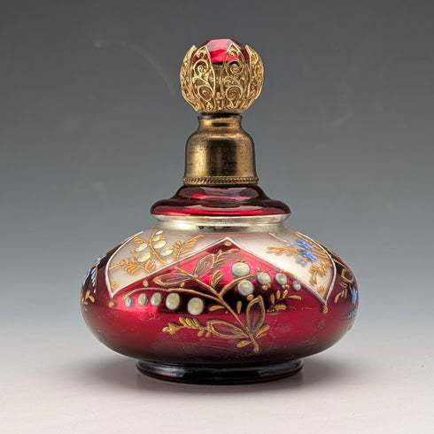 Antique Bohemian Glass Art Nouveau Enamel Floral Perfume Bottle
