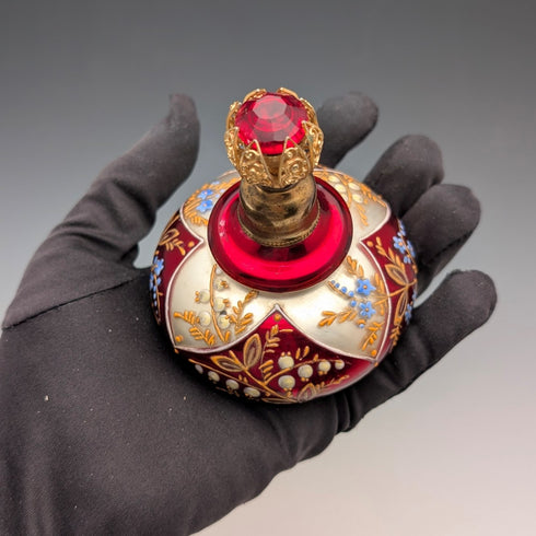 Antique Bohemian Glass Art Nouveau Enamel Floral Perfume Bottle