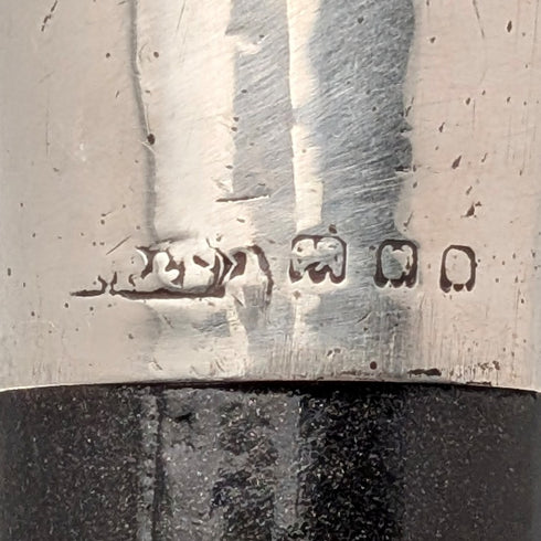 British antique black shaft sterling silver plain rondelle handle walking stick, 87cm