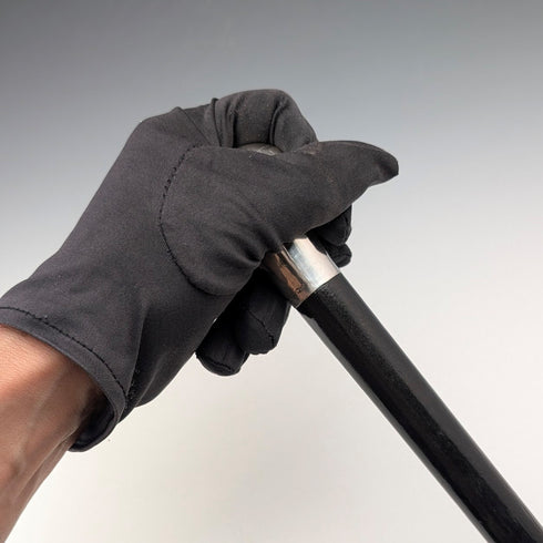 British antique black shaft sterling silver plain rondelle handle walking stick, 87cm