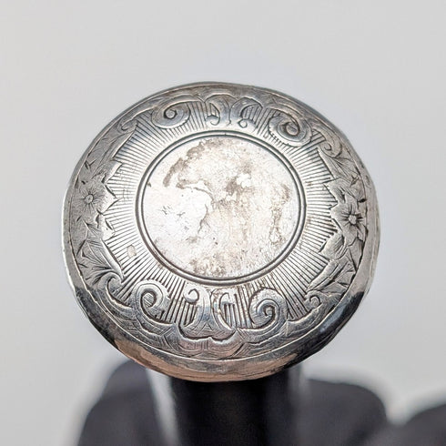 1874 British Antique Walking Stick with Black Shaft and Sterling Silver Engraved Rondelle Handle, 82cm