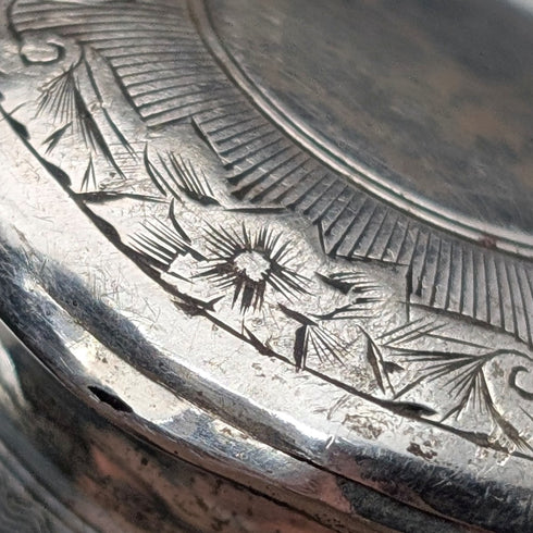 1874 British Antique Walking Stick with Black Shaft and Sterling Silver Engraved Rondelle Handle, 82cm