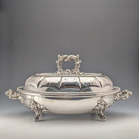 Circa 1870, British antique silver-plated oval-shaped entree dish, Martin Hall