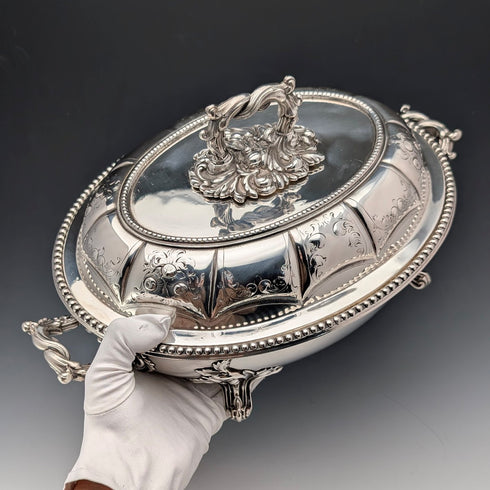 Circa 1870, British antique silver-plated oval-shaped entree dish, Martin Hall