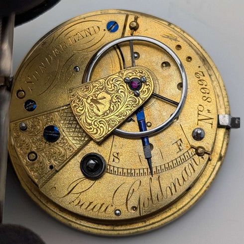 1873年 英国アンティーク 装飾ダイヤル 鍵巻き 懐中時計 直径54mm Isaac Goldman ジャンク品