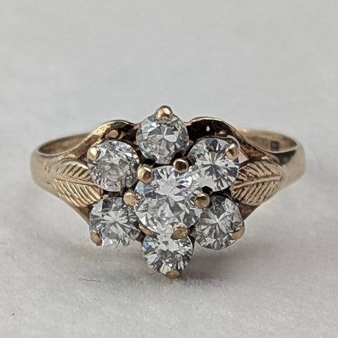 UK Vintage 9K Gold Cubic Zirconia Flower Design Ring (US Size 4.5)