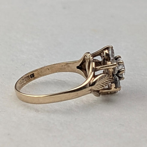 UK Vintage 9K Gold Cubic Zirconia Flower Design Ring (US Size 4.5)